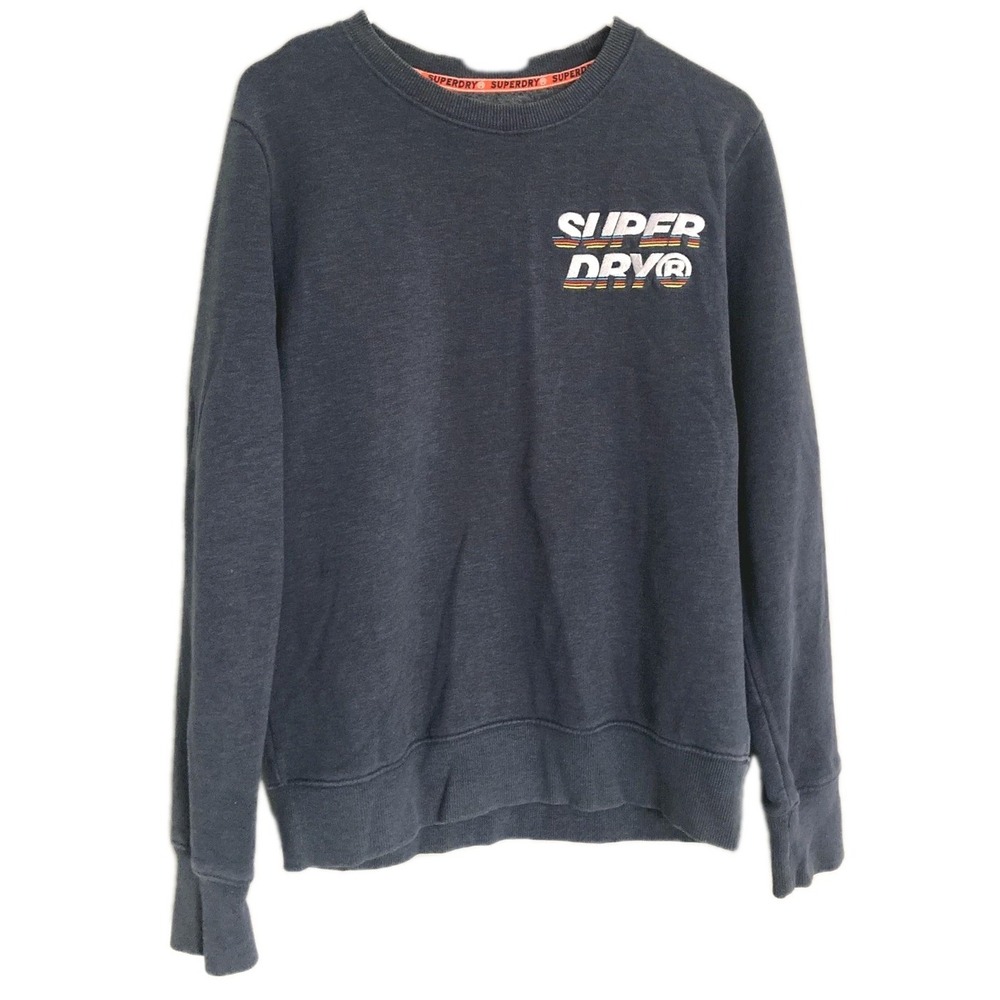 Superdry Sweatshirt Mens Large Blue Crewneck Fleece Pullover Embroidered Graphic
